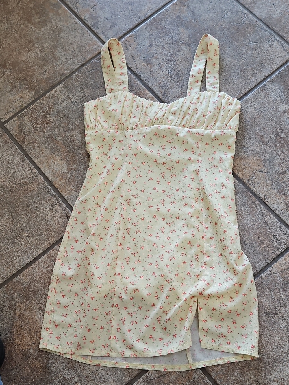 Princess Polly Yellow Cream Mini Slip Dress with Pink Floral Print